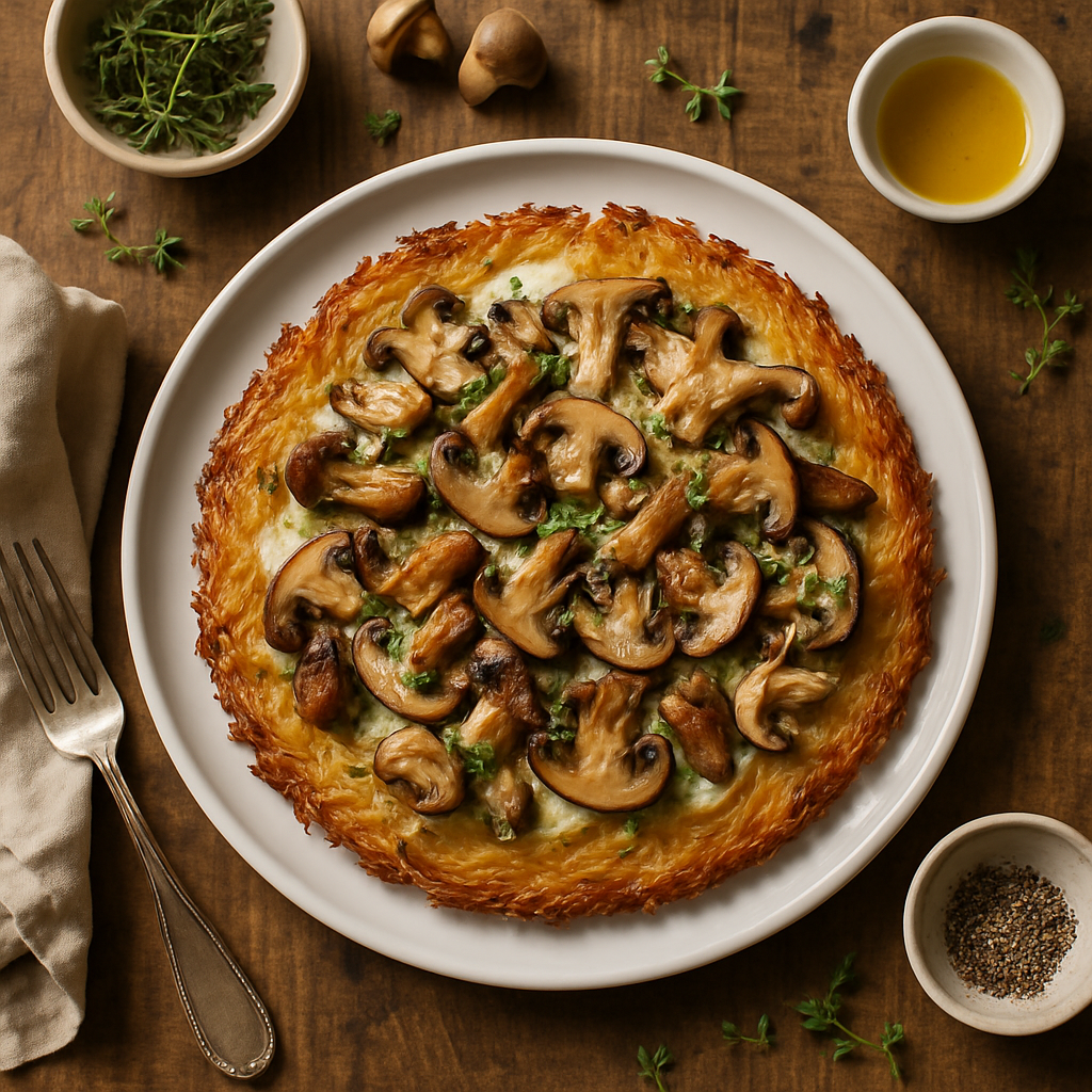 Pizza Crocante Sem Glúten com Batata e Cogumelos da Primavera Salteados com Ervas Frescas