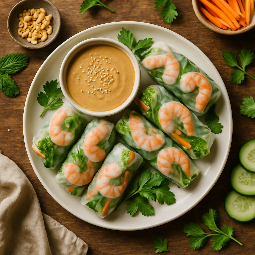 Fresh Vietnamese Spring Rolls with Creamy Sesame Peanut Dipping Sauce