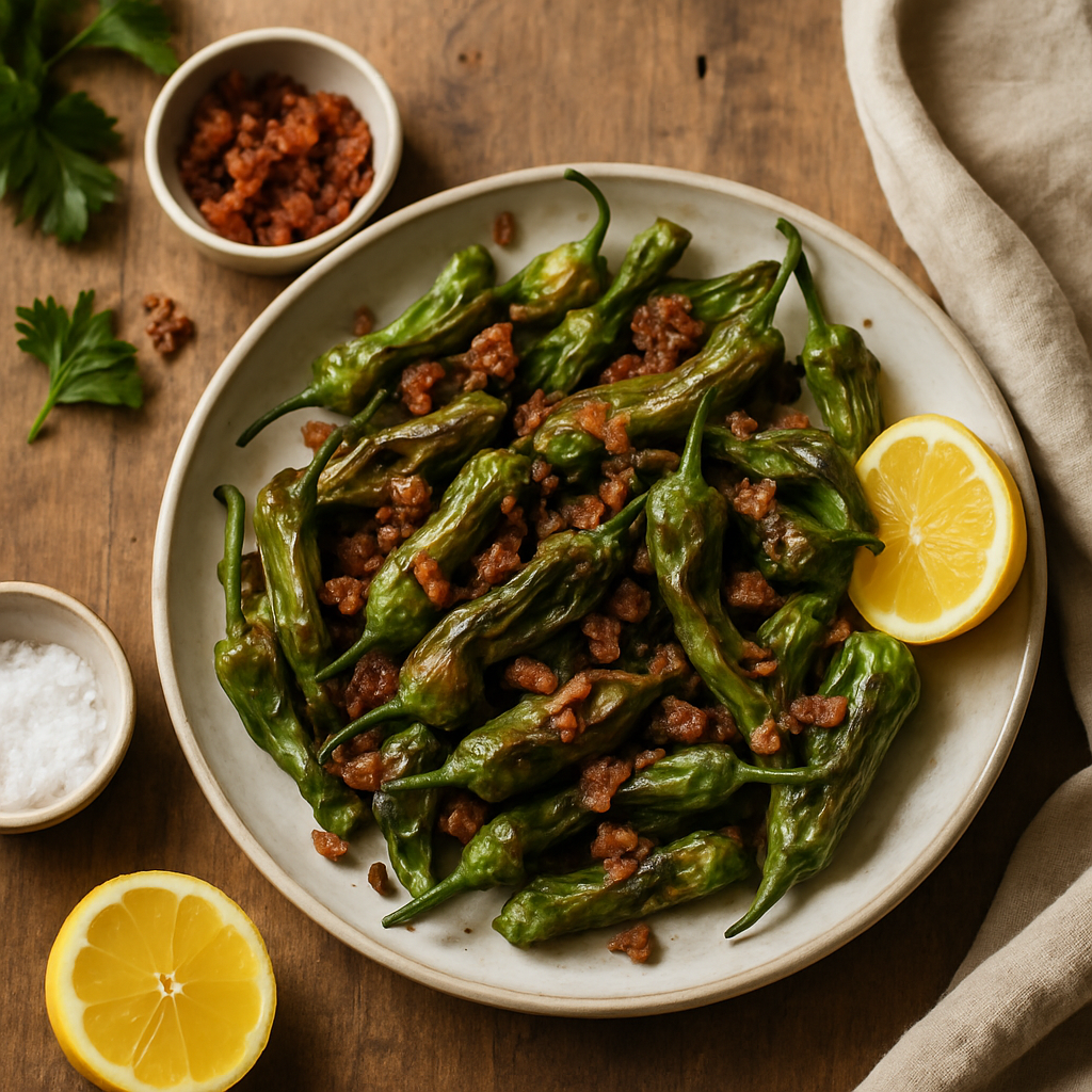Crispy Blistered Shishito Peppers with Smoky Bacon Crumbles