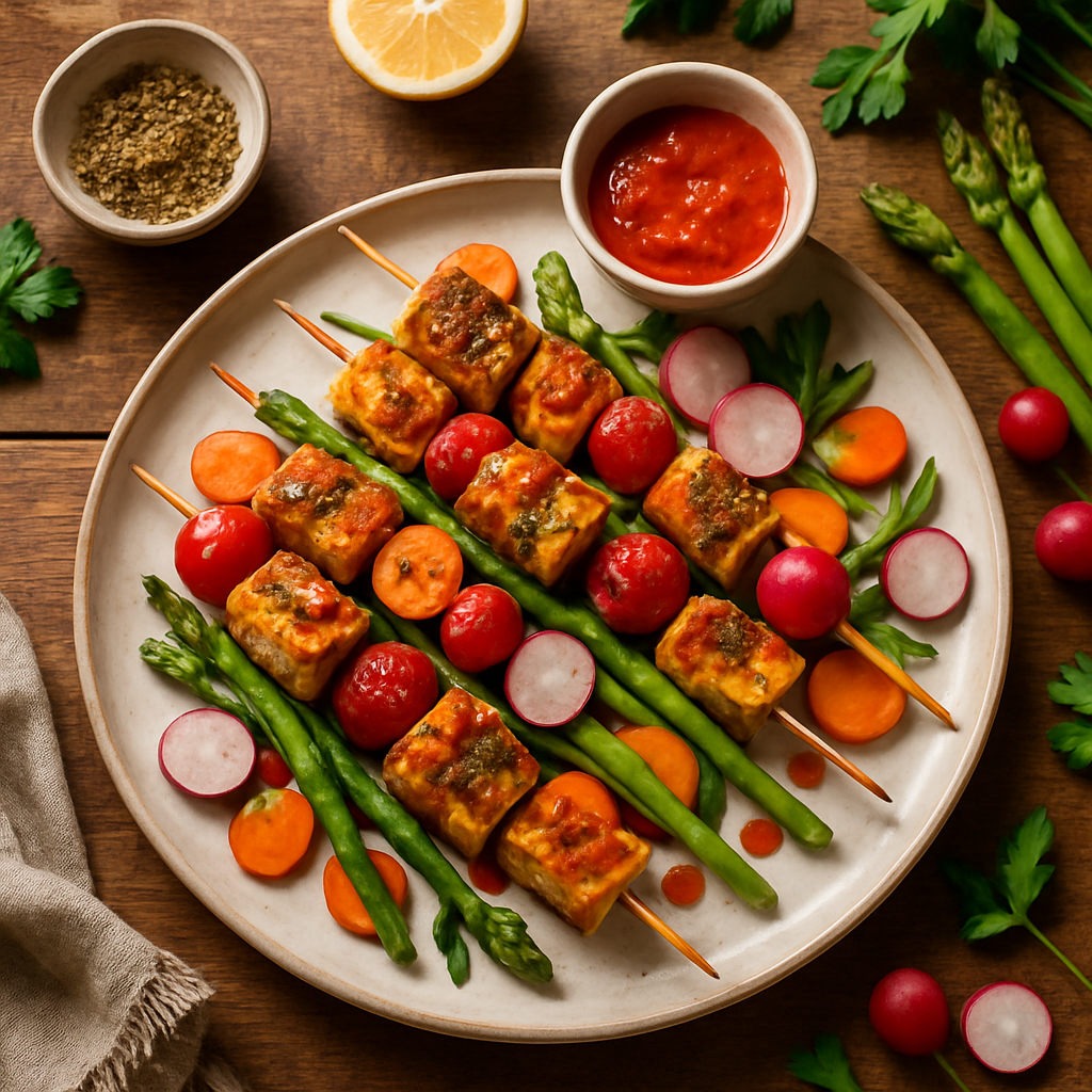 Za'atar Roasted Halloumi Skewers with Harissa Drizzle and Fresh Spring Vegetables