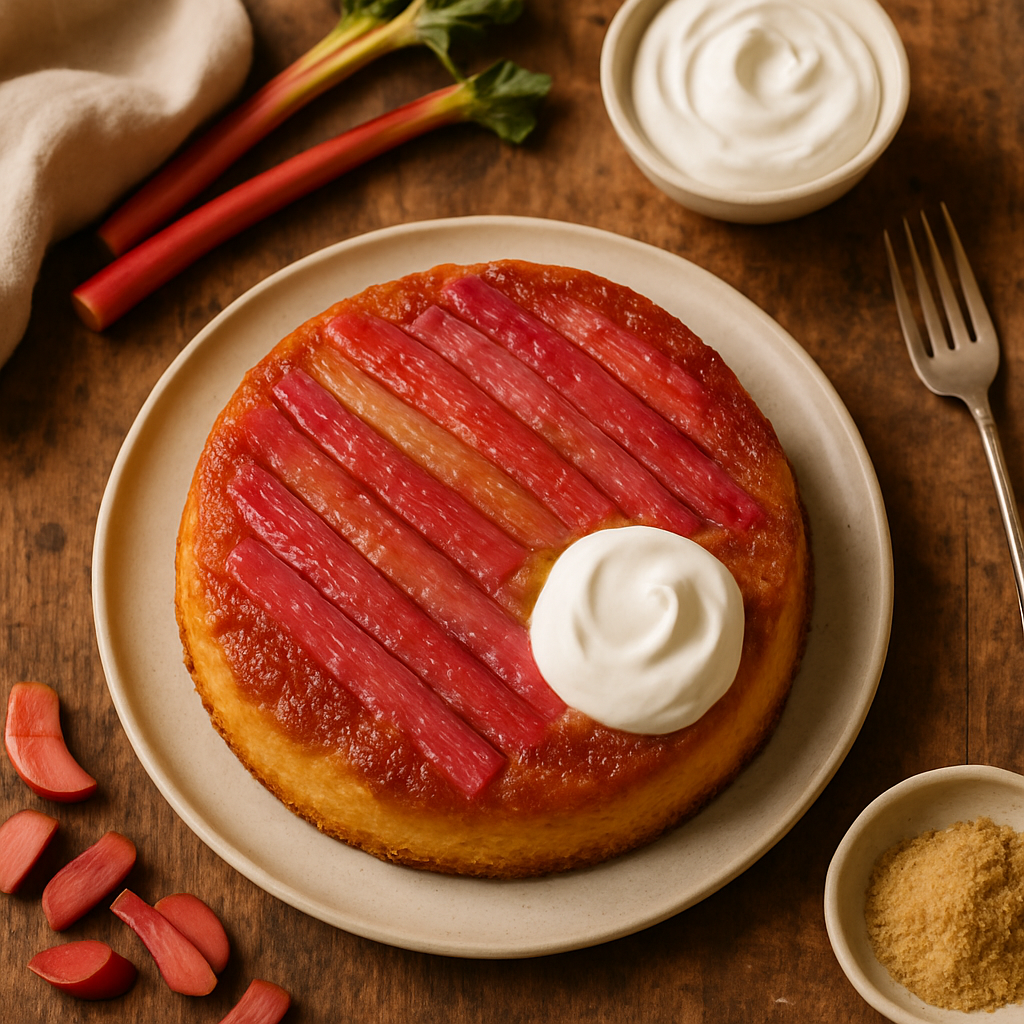 Classic French Rhubarb Upside-Down Cake with Crème Fraîche