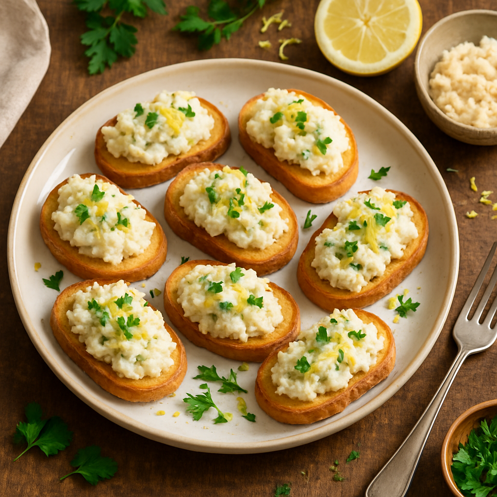 Crostini de Baccalà Mantecato Crocante com Raspas de Limão Fresco