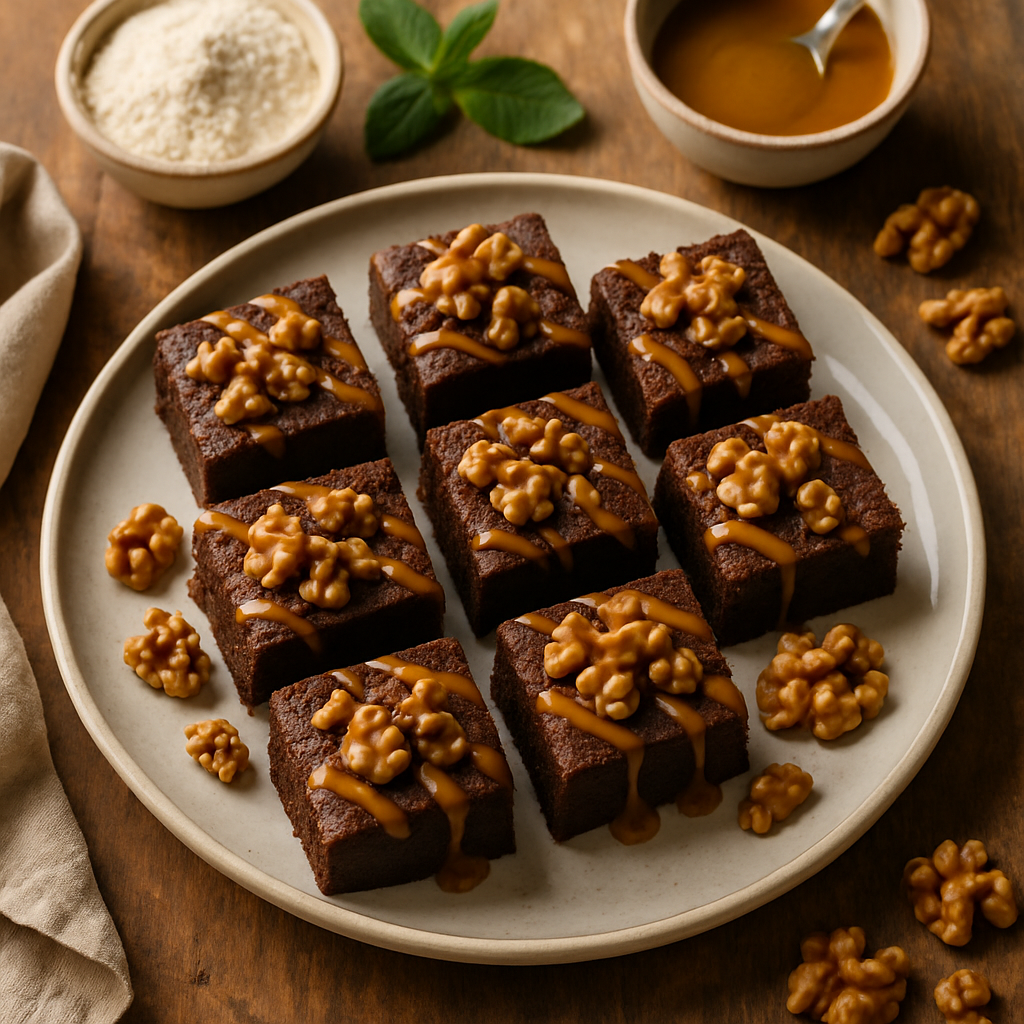 Gluten-Free Coconut Flour Brownies with Toasted Walnuts and Caramel Drizzle