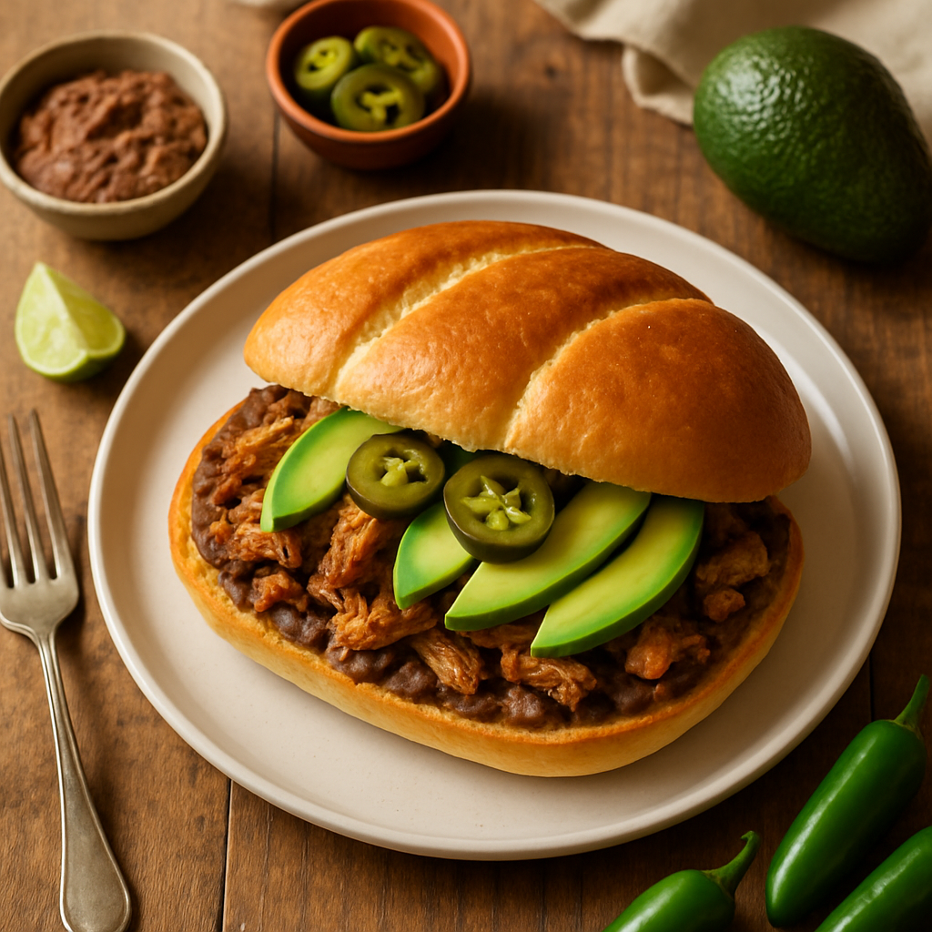 Sprø Carnitas Torta med Stekte Bønner og Frisk Avokado