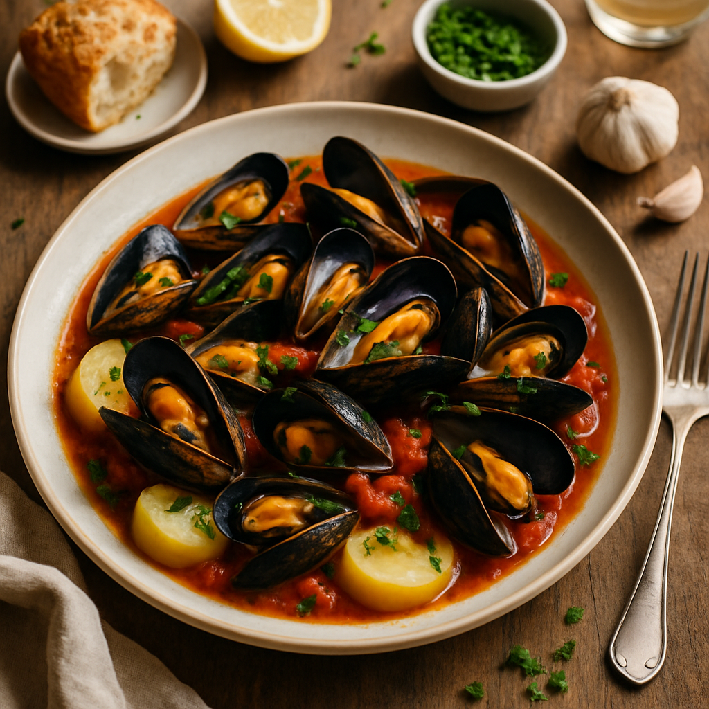 Hvitløksfylt Dampet Blåskjell i Tomat Kraft med Møre Yukon Poteter