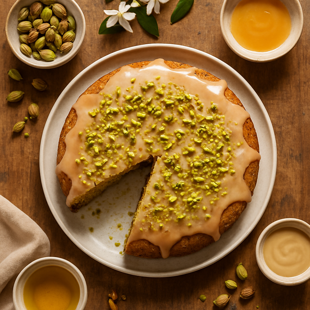 Pistasjokrem Tahini Olivenoljekake med Appelsinblomstglasur