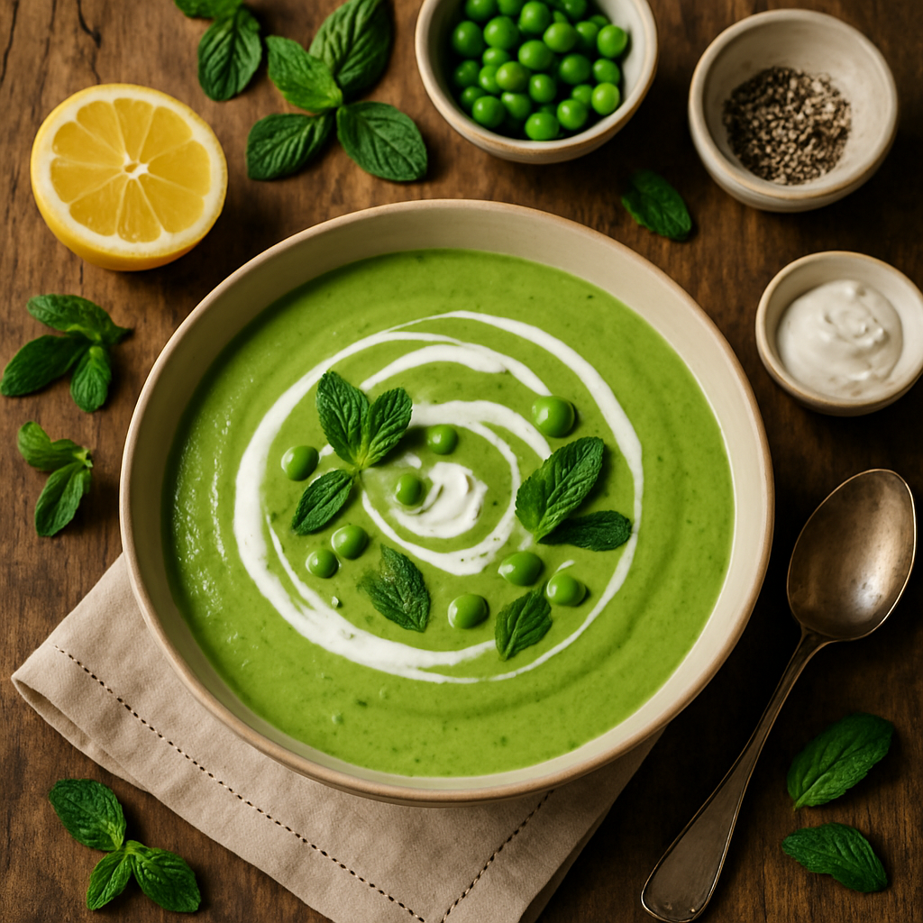 Chilled Spring Pea Gazpacho with Fresh Mint and Crème Fraîche
