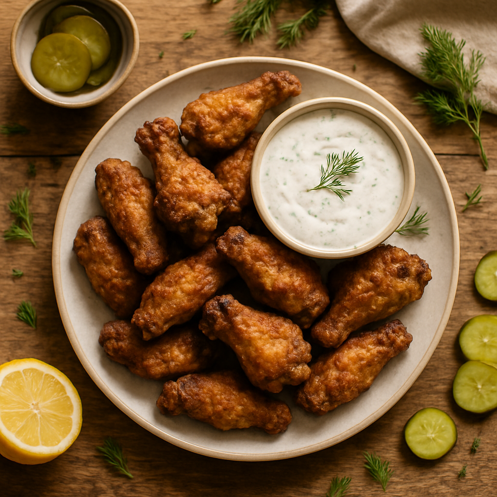 Crispy Air Fryer Pickle Brined Chicken Wings with Dill Ranch Dip