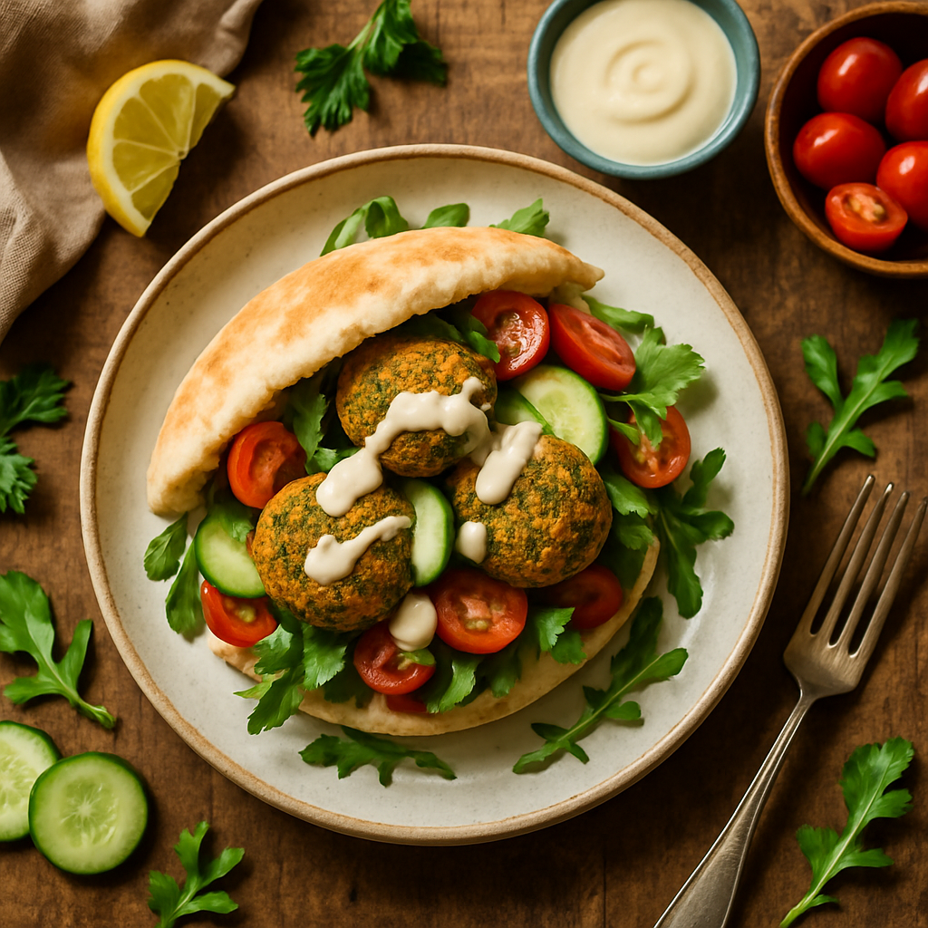 Crispy Homemade Falafel Sandwich with Creamy Tahini Sauce and Fresh Spring Vegetables