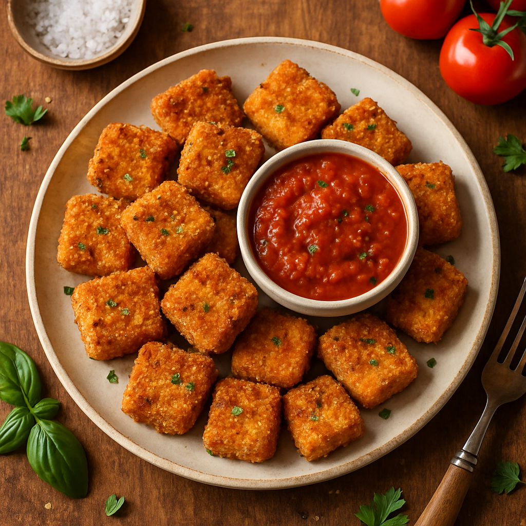 Bolinhas Crocantes de Queijo Cottage com Parmesão e Molho Marinara Caseiro