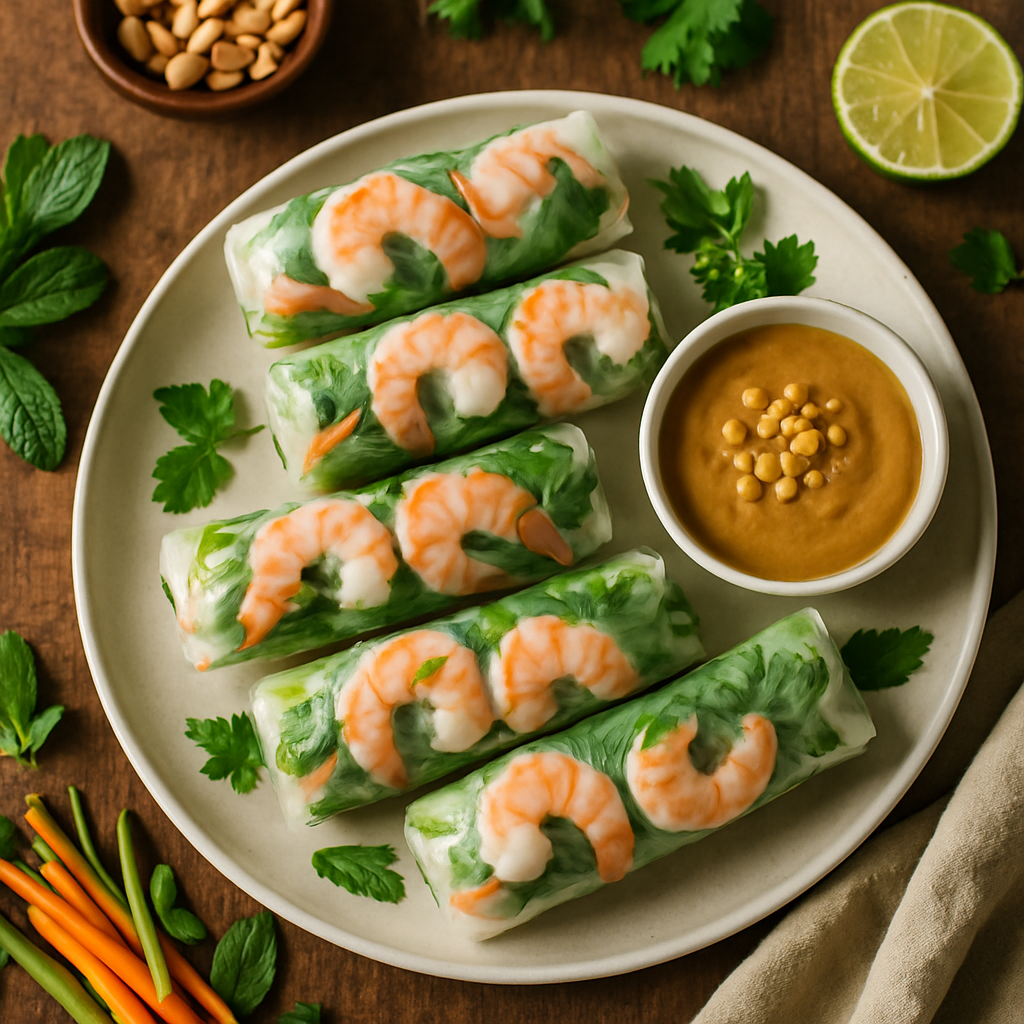 Ferske Reker i Rispapirrull med Vårurter og Jordnøttsaus