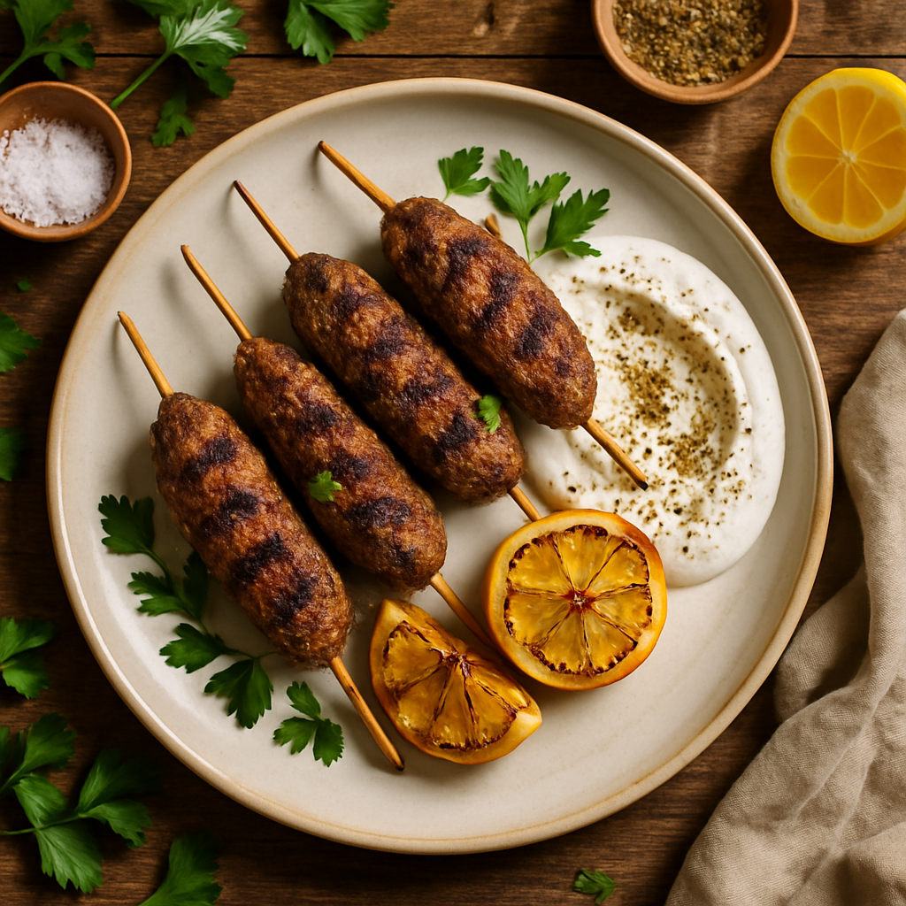 Grilled Lamb Kofta Skewers with Charred Lemon and Za'atar Yogurt