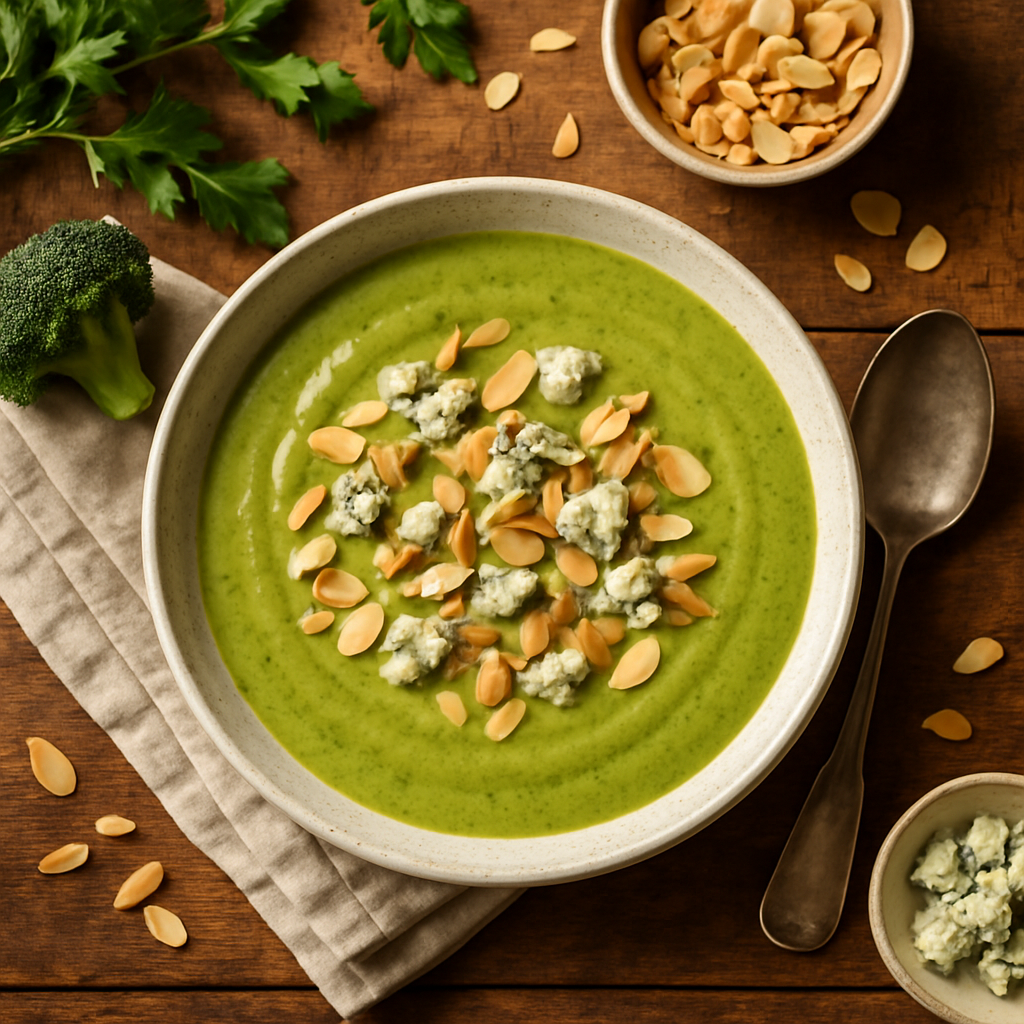 Silky Broccoli Soup with Creamy Blue Cheese and Toasted Almonds