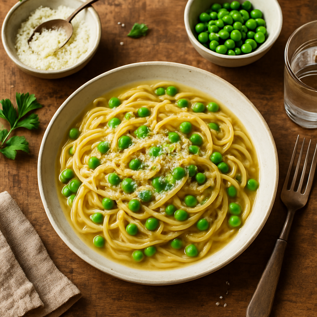 Pasta em Caldo Único com Ervilhas Doces e Pecorino