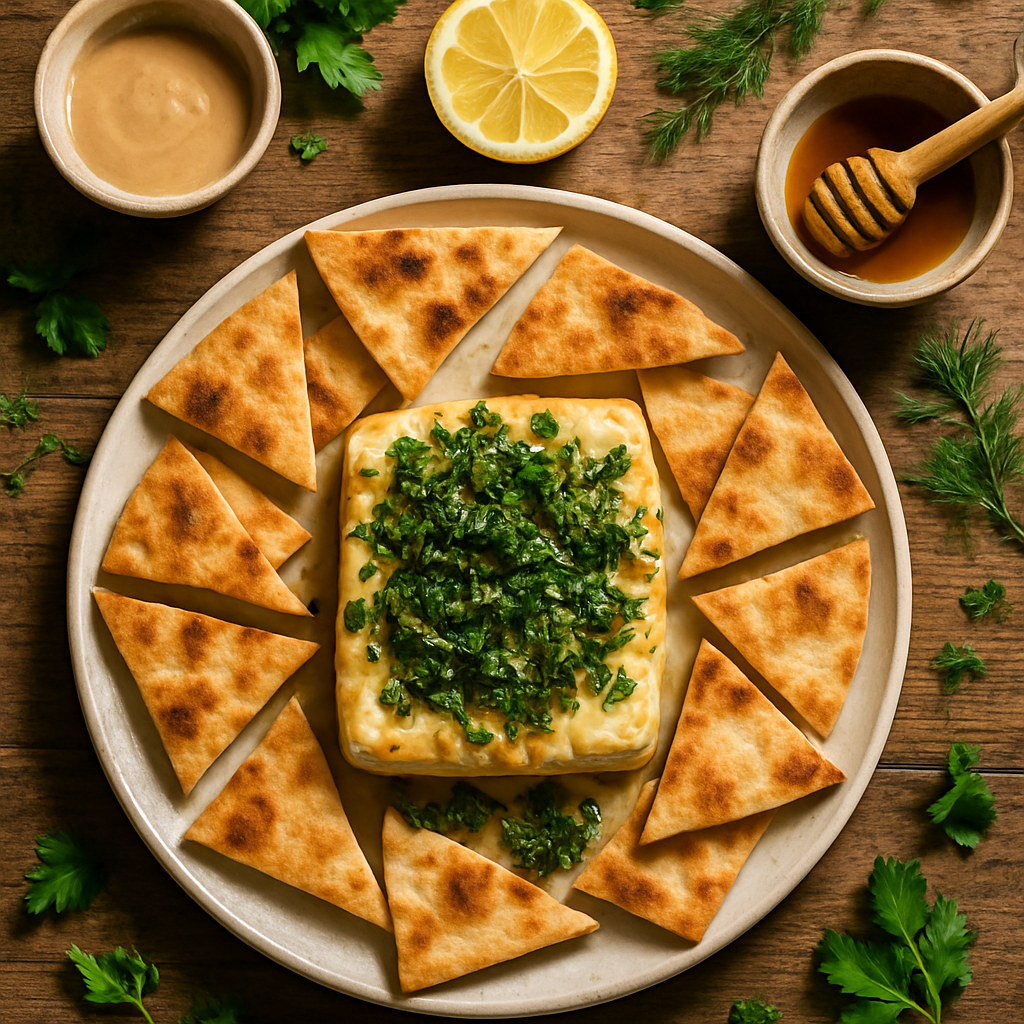 Honey-Tahini Baked Feta with Warm Spring Herbs and Crispy Pita