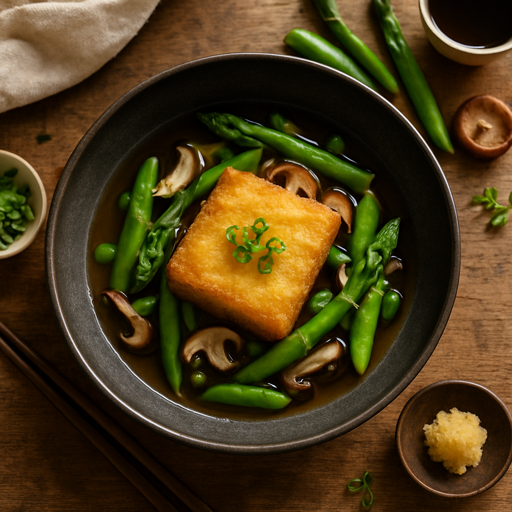 Crispy Agedashi Tofu with Spring Mountain Vegetables and Dashi Broth