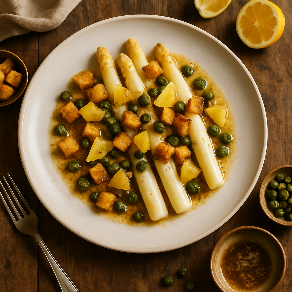 White Asparagus à la Grenobloise with Brown Butter, Capers and Crispy Croutons