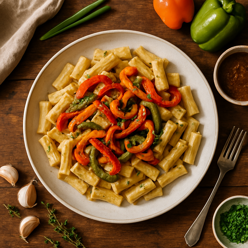 Creamy Rasta Pasta with Charred Bell Peppers and Homemade Jerk Sauce