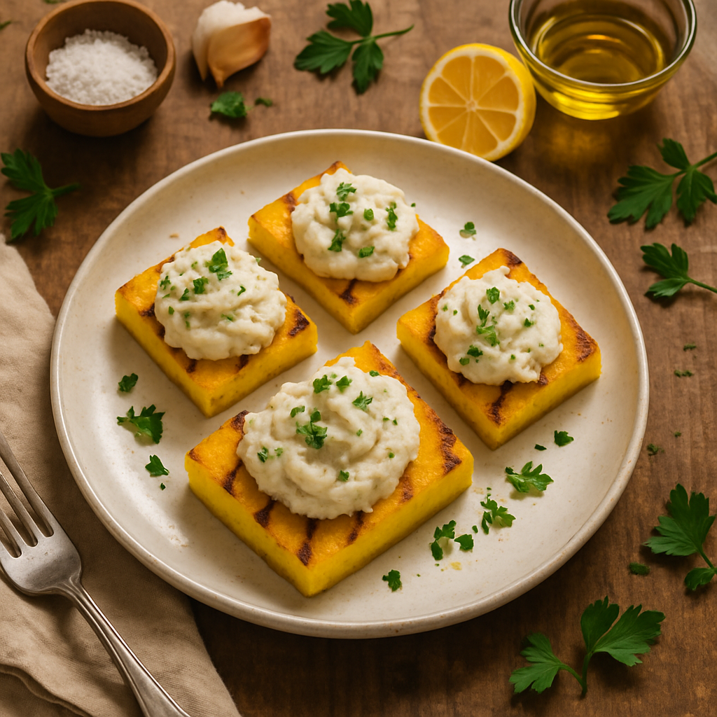 Bacalau Mantecato Batido com Crostini de Polenta Grelhada Crocante