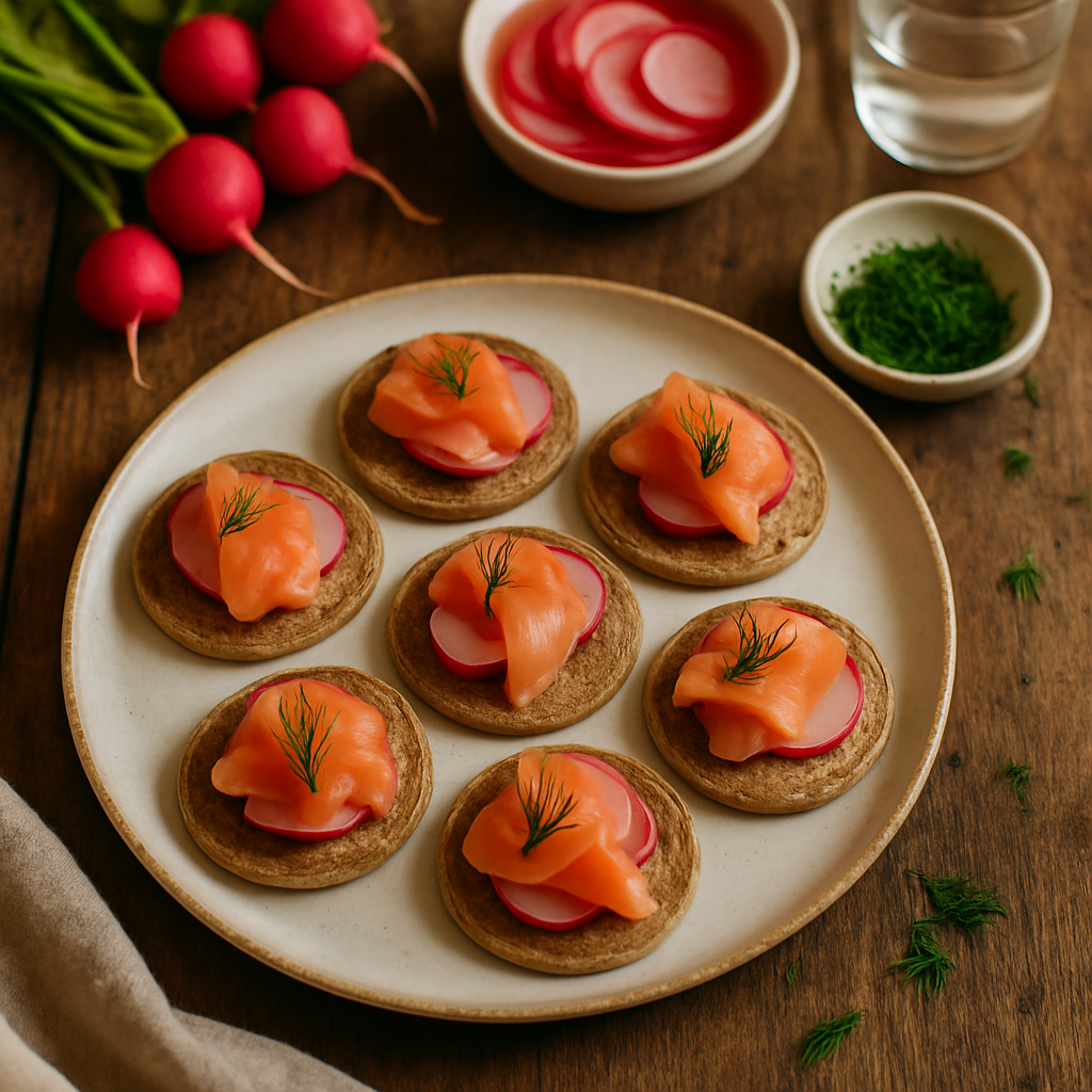 Gluten-Free Buckwheat Blini with Smoked Trout and Pickled Spring Radish