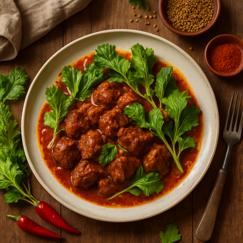 Vårlam Vindaloo med Stekt Løpetid og Fersk Sennepsblad