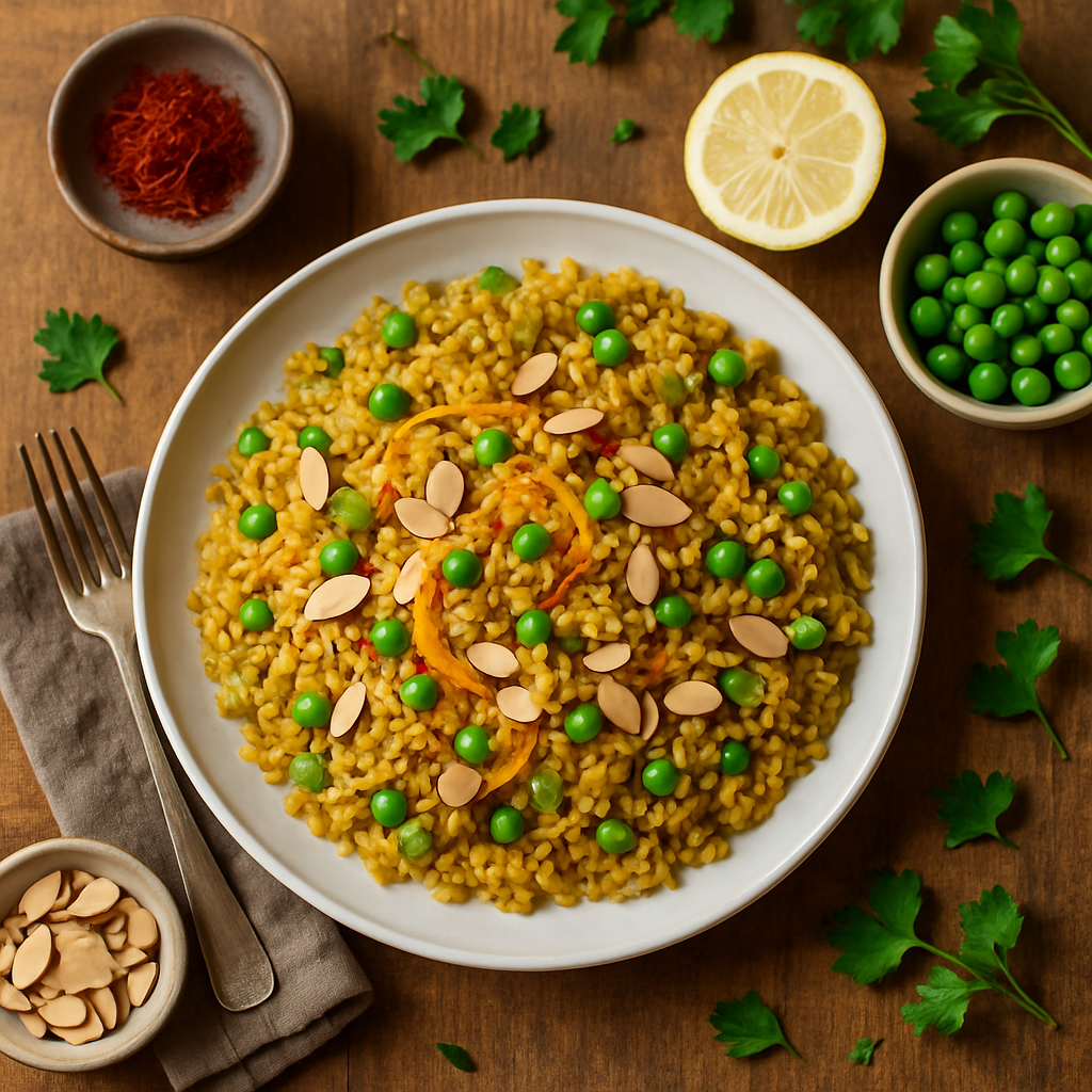 Saffron-Swirled Freekeh Pilaf with Toasted Almonds and Spring Peas