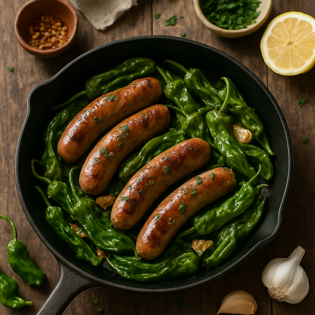 Keto Sausage and Blistered Shishito Pepper Skillet with Garlic and Herbs