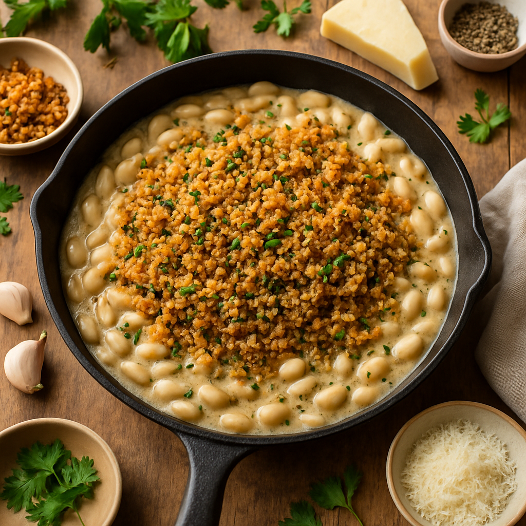 Feijão na Frigideira à Parmesão com Migalhas de Pão Crocante de Alho