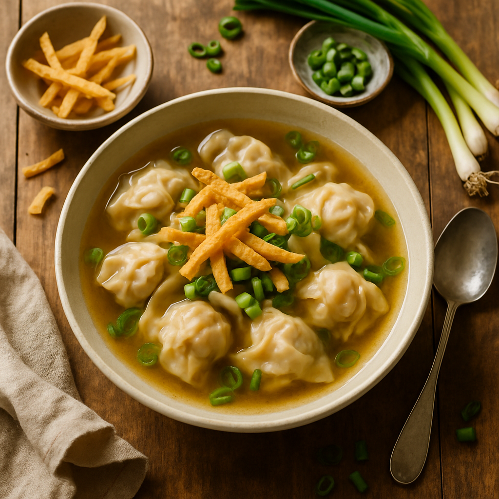 Sprø svinekjøtt og reker wonton-suppe med friske vårløk