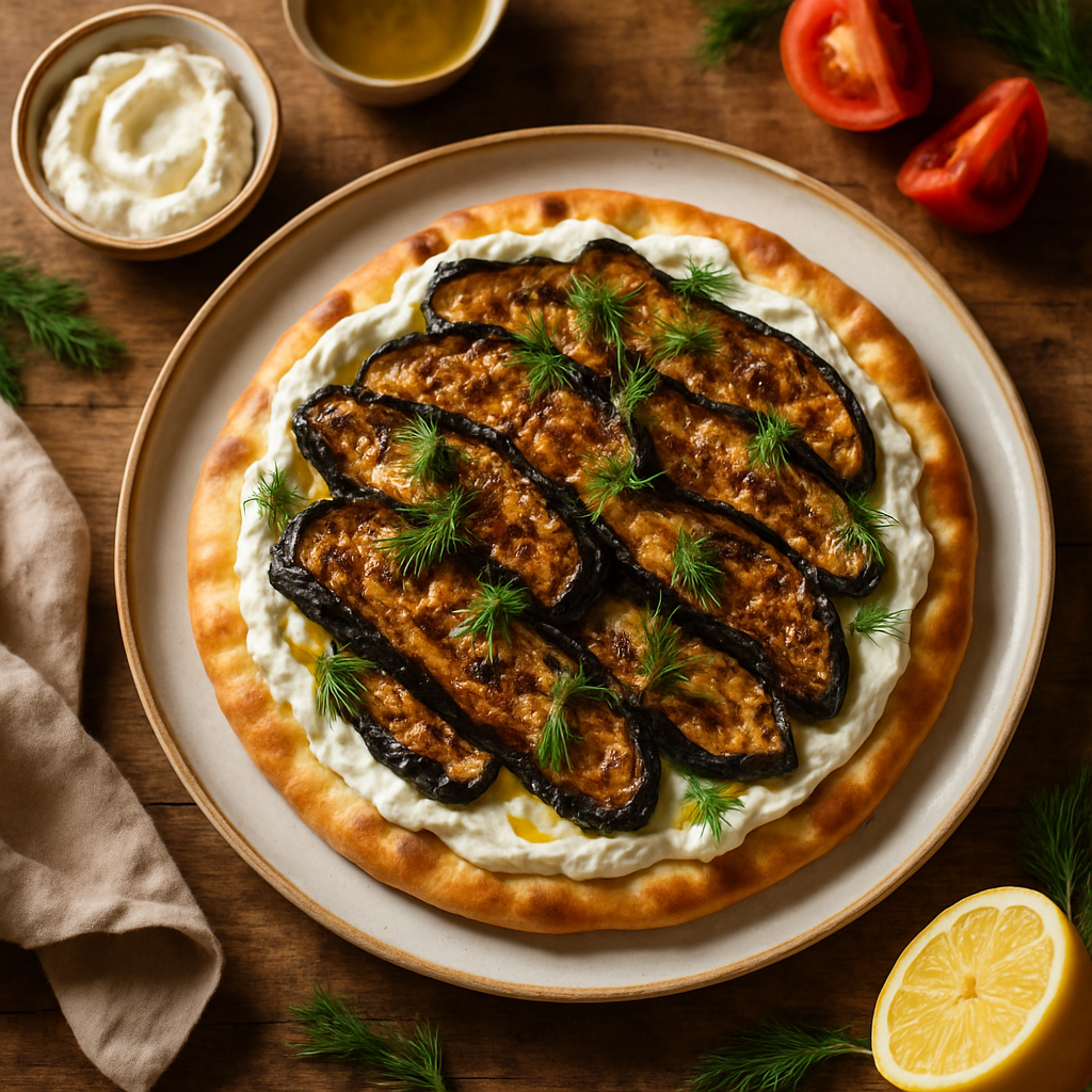 Røkt og karbon-stekt aubergine flatbrød med pisket feta og frisk dill