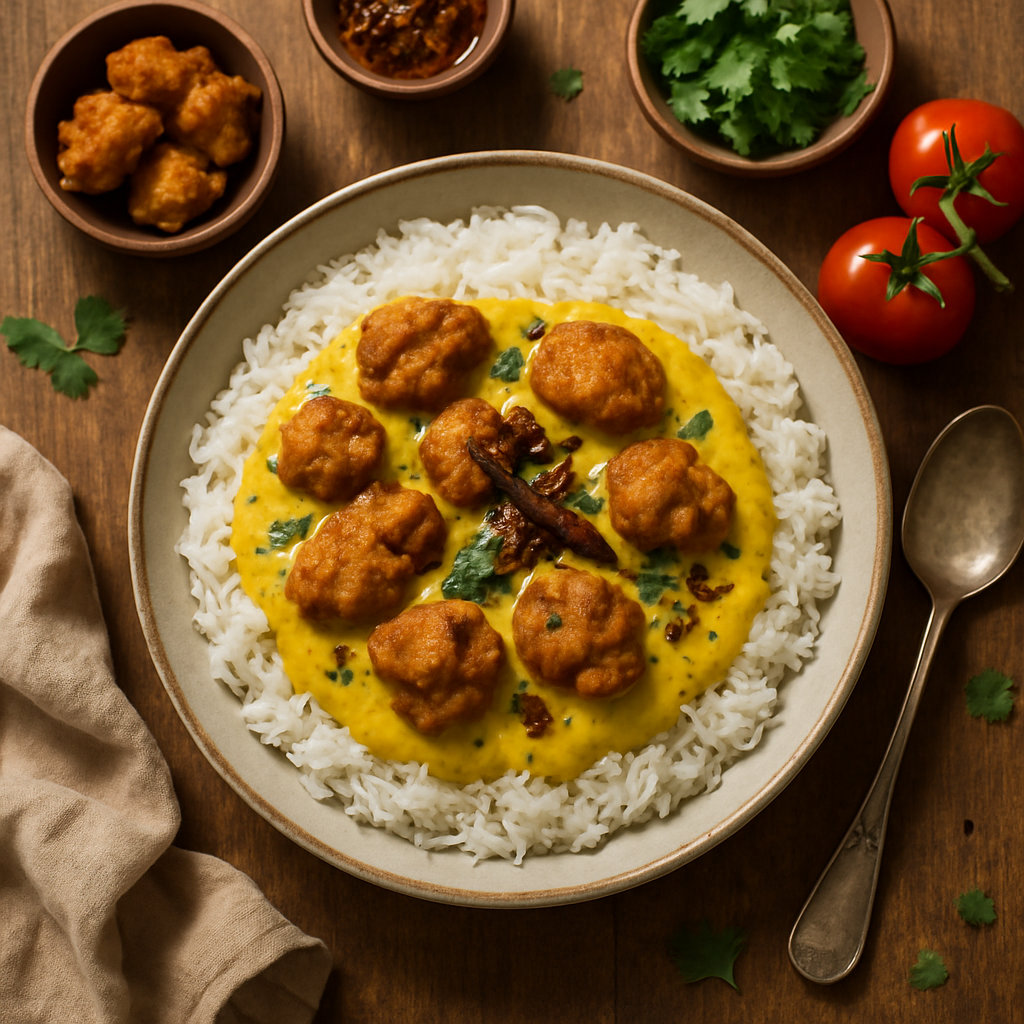 Authentic Kadhi Pakora with Crispy Chickpea Flour Fritters in Tangy Yogurt Gravy