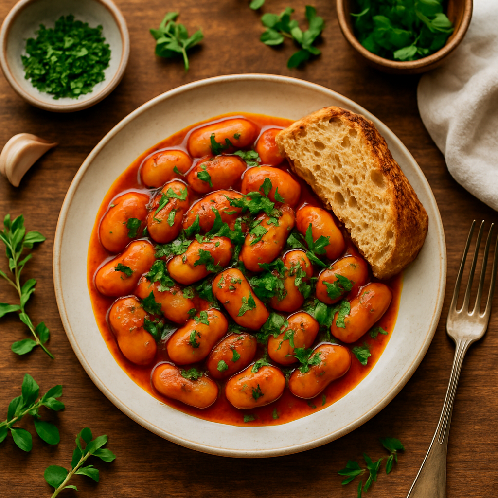 Greek Cinnamon-Baked Giant White Beans with Fresh Spring Herbs and Crusty Bread