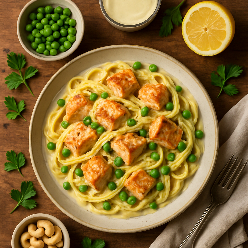 Tagliatelle de Salmão Cremoso sem Lacticínios com Limão e Ervilhas da Primavera