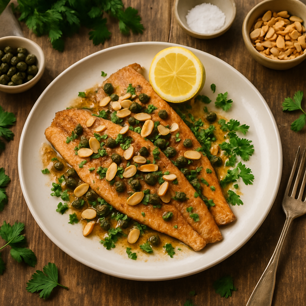 Mediterran regnbueørret Almondine med brunet smør, kapers og friske urter