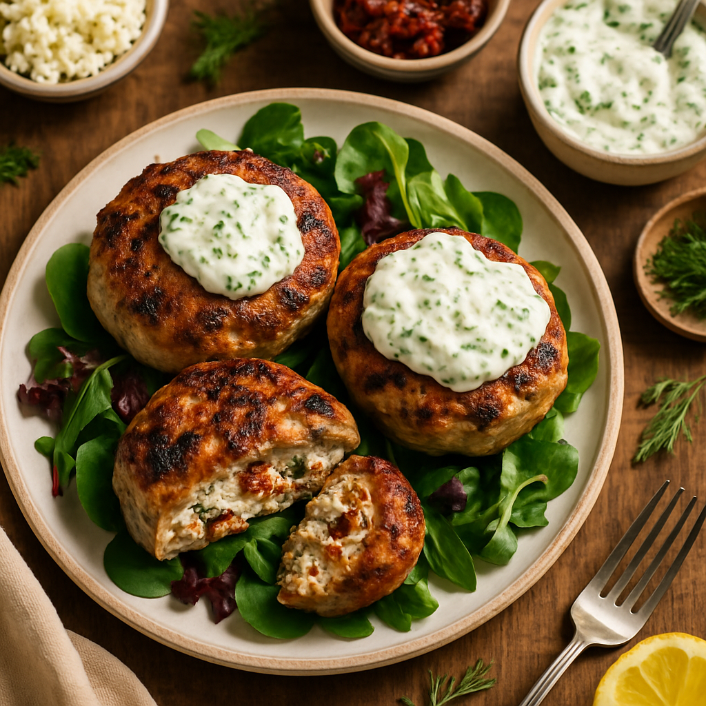 Greek Cottage Cheese Stuffed Turkey Burgers with Fresh Herb Tzatziki