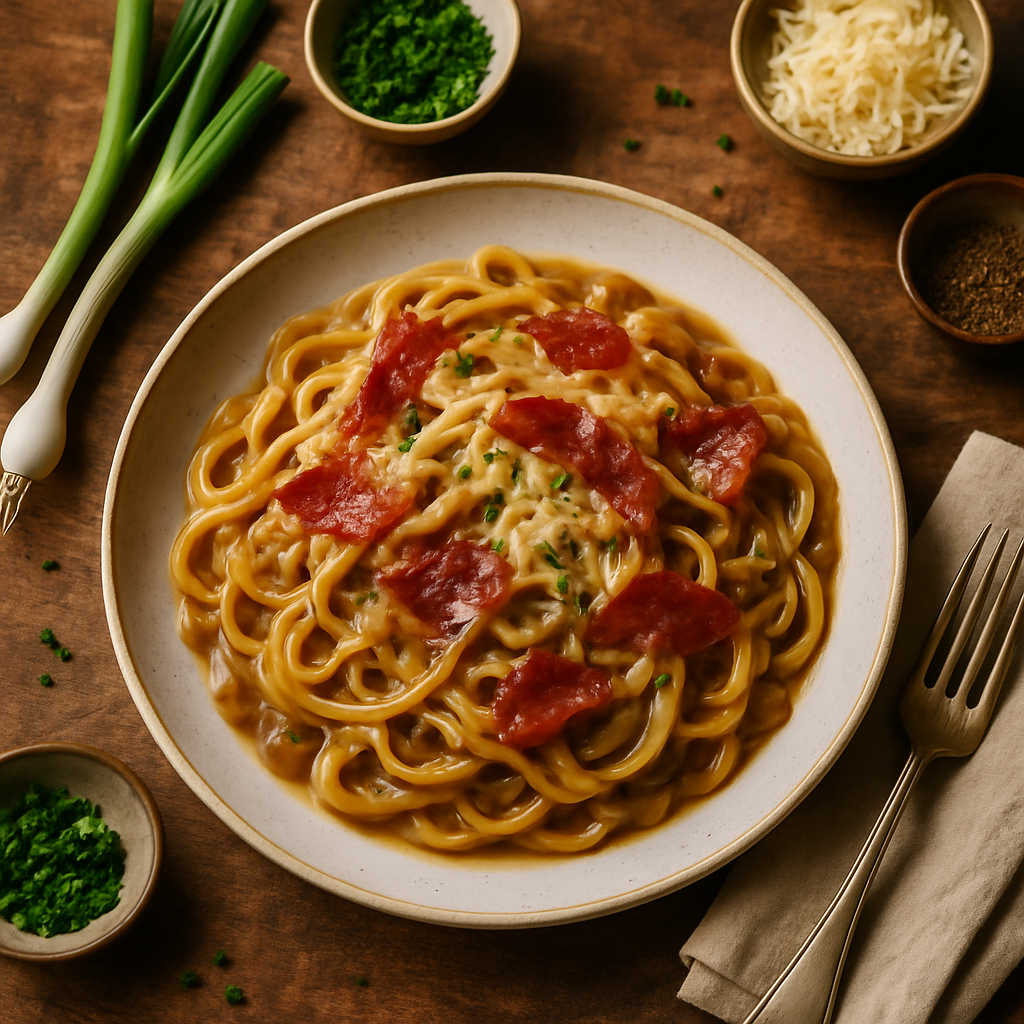 One Pot French Onion Pasta with Crispy Prosciutto and Gruyère