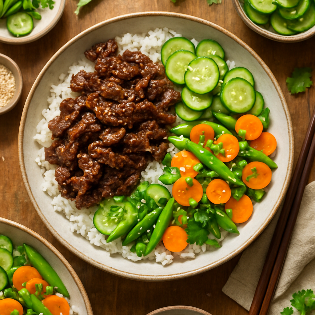 Korean Beef Bulgogi Rice Bowls with Quick Pickled Cucumbers and Sesame Spring Vegetables