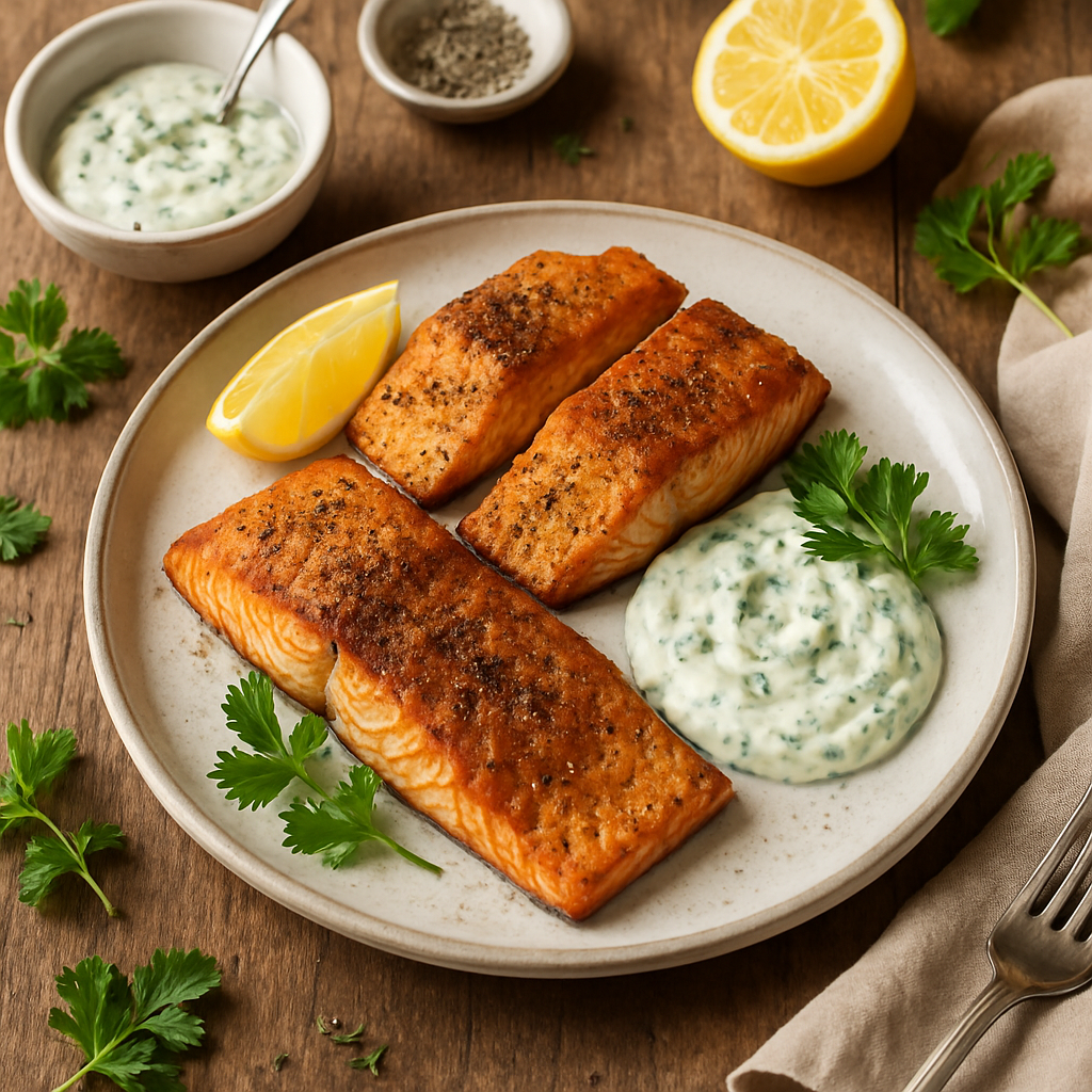 Crispy Lemon Pepper Salmon with Fresh Herb Aioli