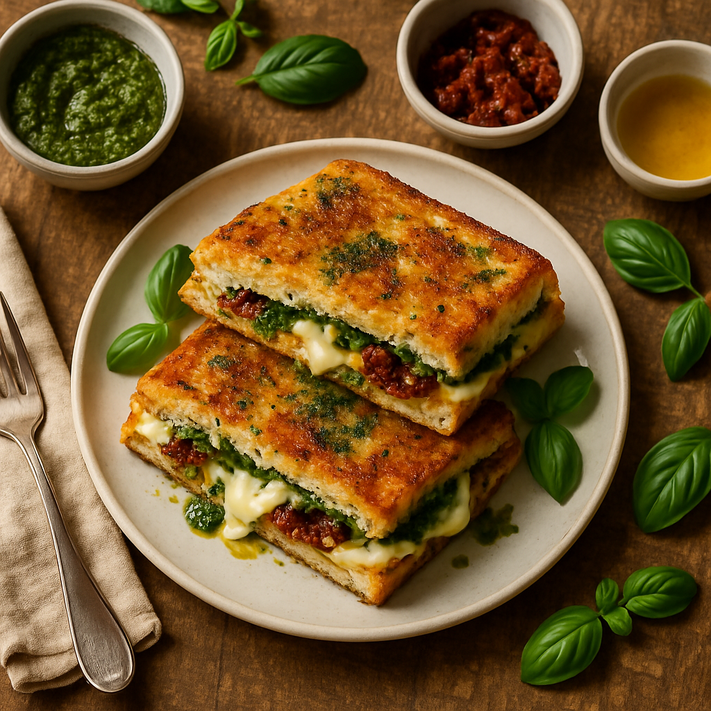 Pão de Queijo Grelhado Crocante com Tomates Secos e Pesto de Manjericão