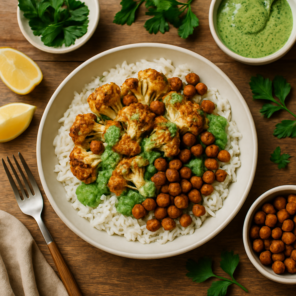 Cauliflower Shawarma Bowls with Crispy Chickpeas and Green Tahini