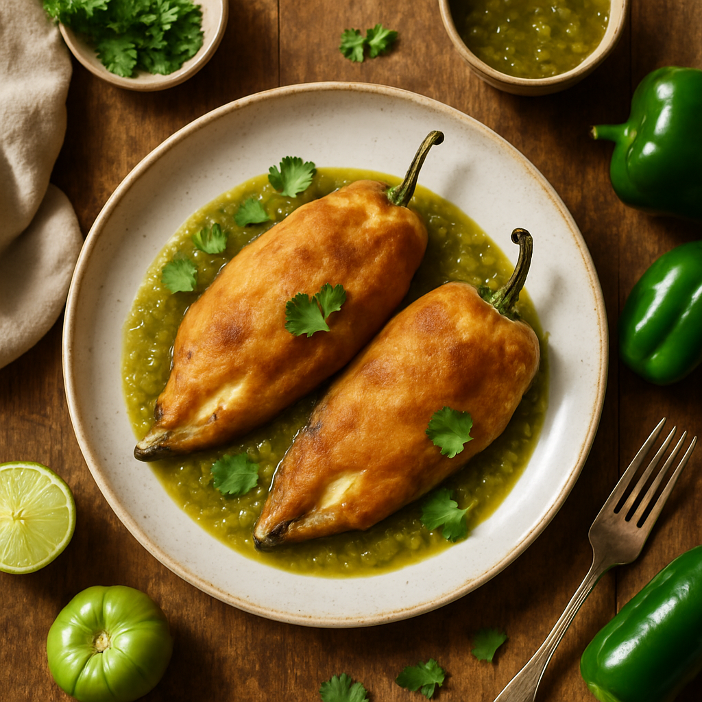 Oaxacan Cheese-Stuffed Chiles Rellenos with Roasted Tomatillo Salsa