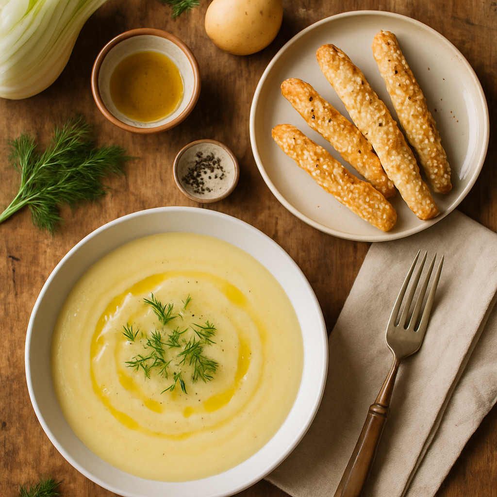 Silkete Fennikel- og Potetsuppe med Sprø Sesamstaver