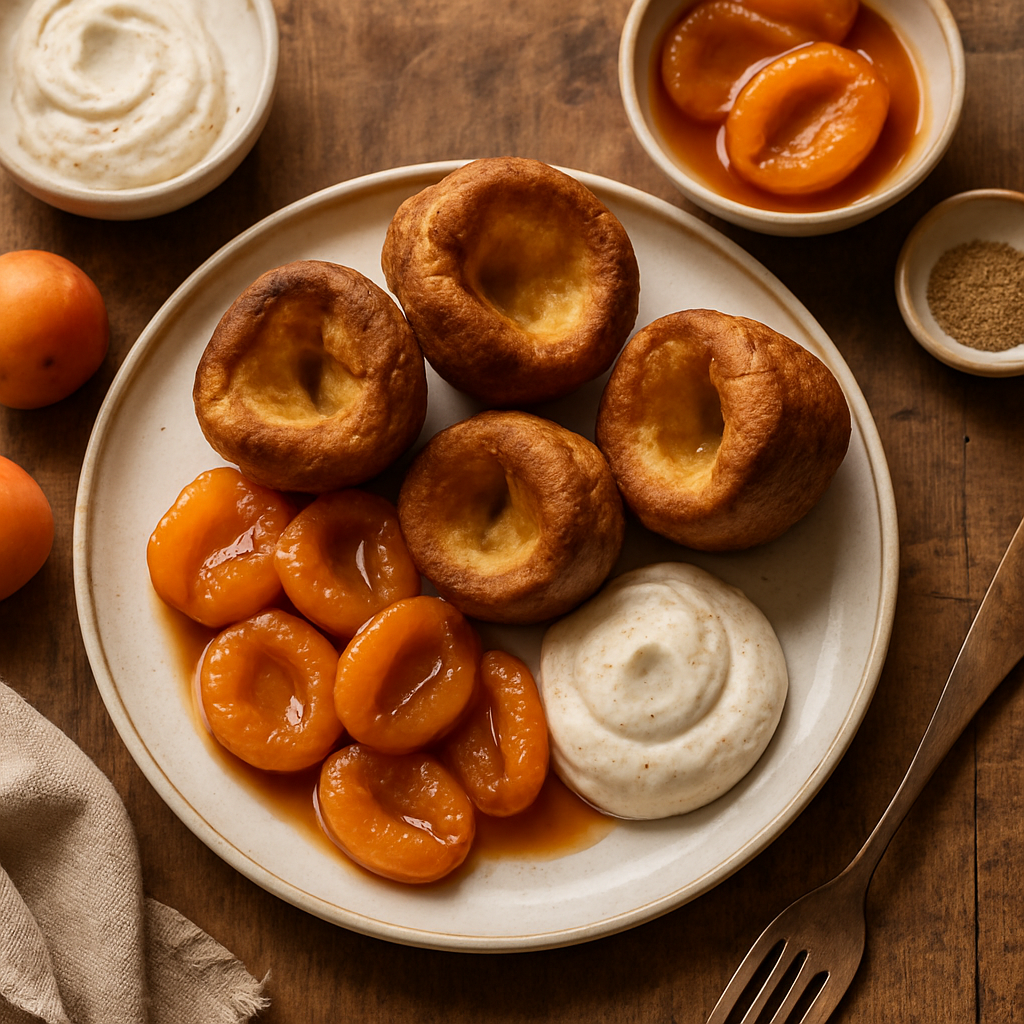 Brown Butter Popovers with Honey-Roasted Apricots and Cardamom Cream