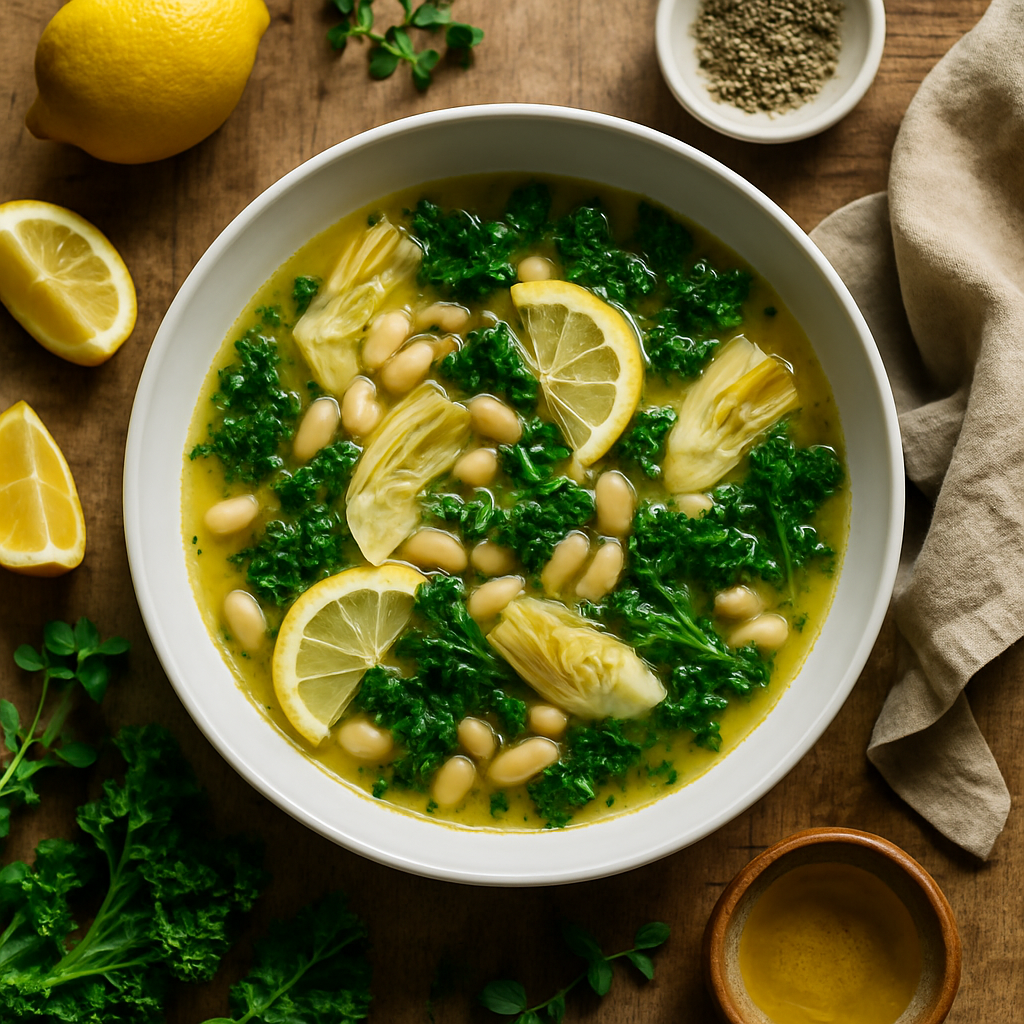Sopa Toscana de Alcachofra com Limão, Feijão Branco e Couve