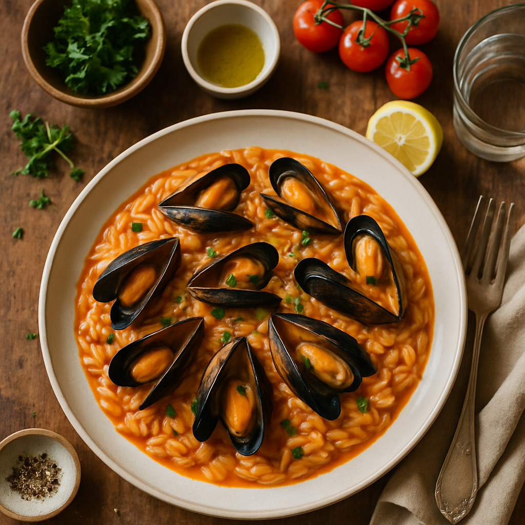 Orzotto Greco con Cozze Fresche e Salsa di Panna all'Ouzo