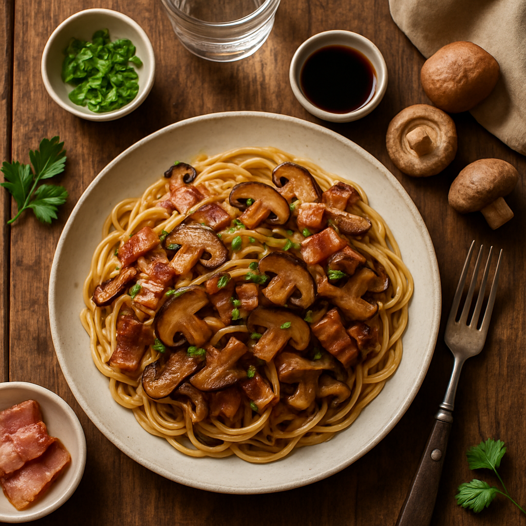 Wafu Pasta with Crispy Bacon, Shiitake Mushrooms and Butter Soy Sauce