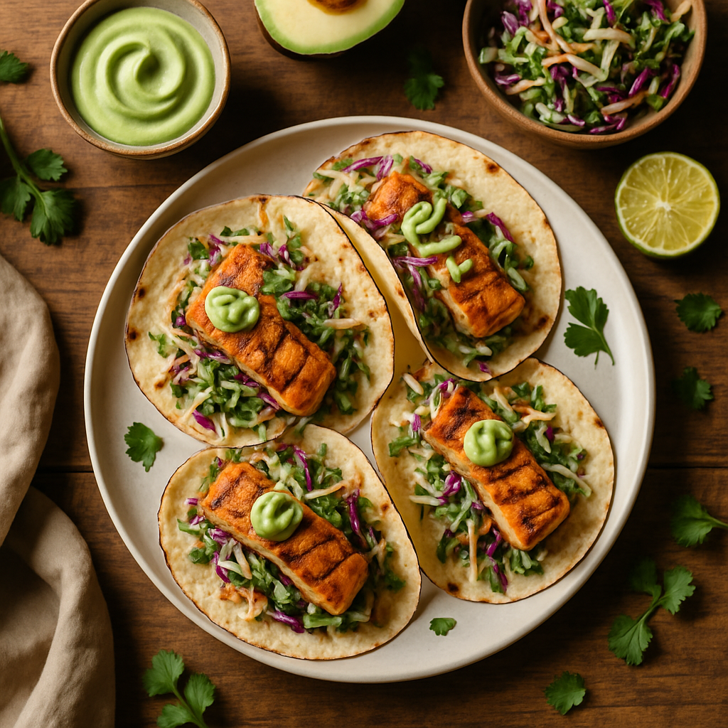 烤三文鱼玉米饼配奶油牛油果酱和春菜沙拉