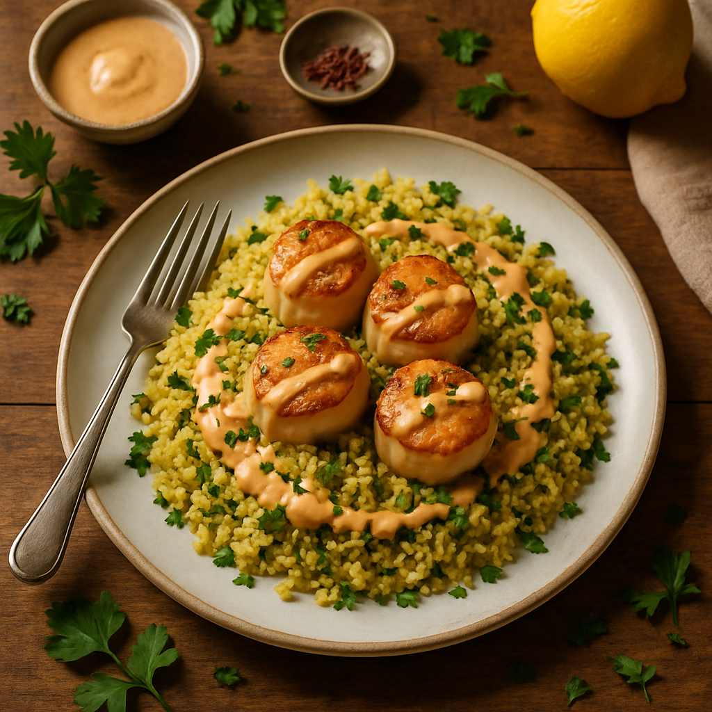 Saffron-Scallop Cracked Wheat Pilaf with Harissa Tahini Drizzle