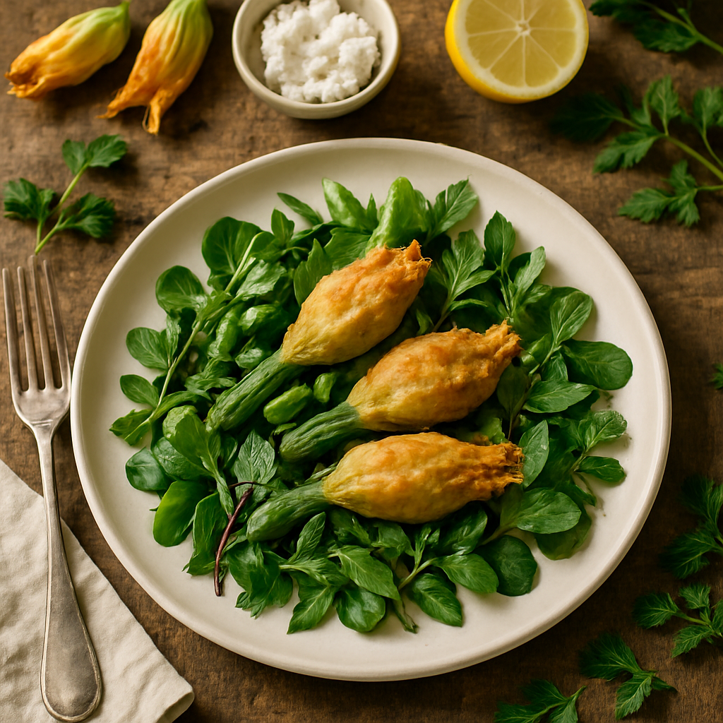 Flores de Abóbora Recheadas de Ricota Crocante com Salada Fresca de Ervas da Primavera