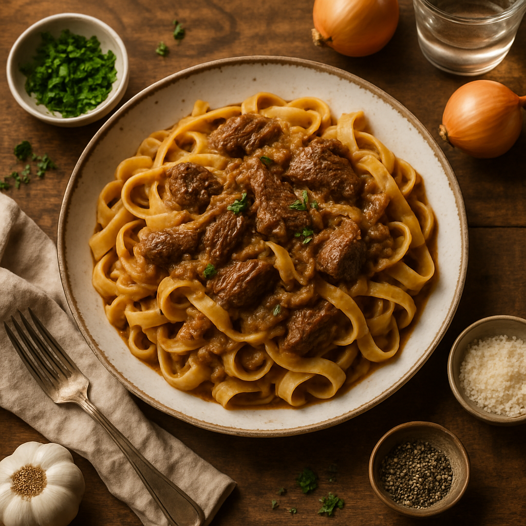 Pasta alla Genovese com Carne Desfiada e Cebola Caramelizada